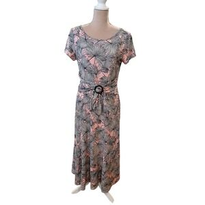 Perceptions New York Women's Midi Dress Palm Leaf Print Pink Belted  Size 12